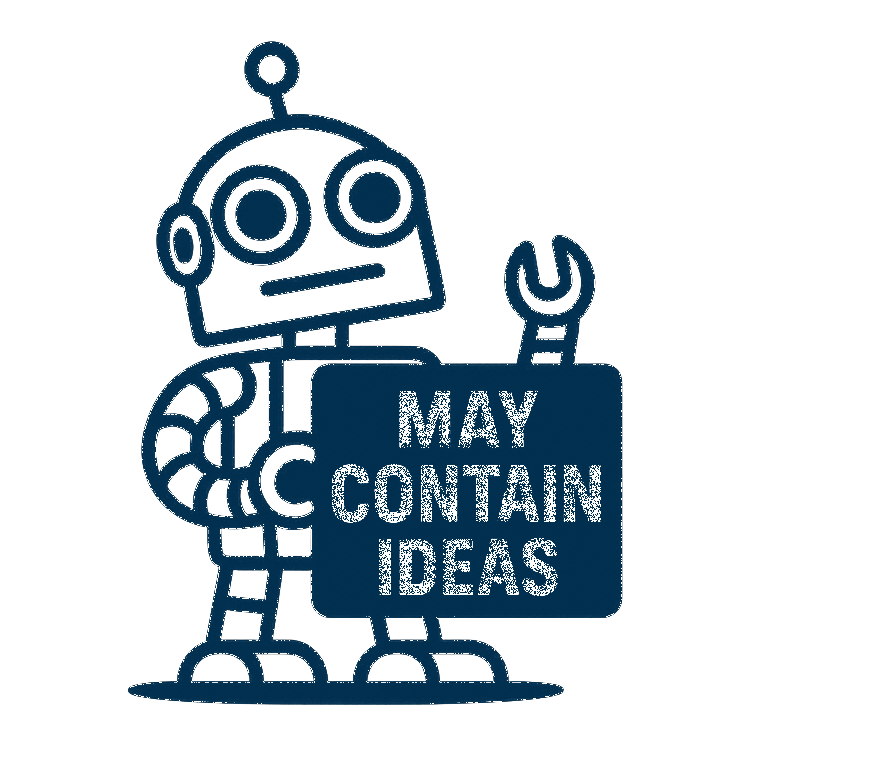 UIG Studios robot holding a sign that says MAY CONTAIN IDEAS